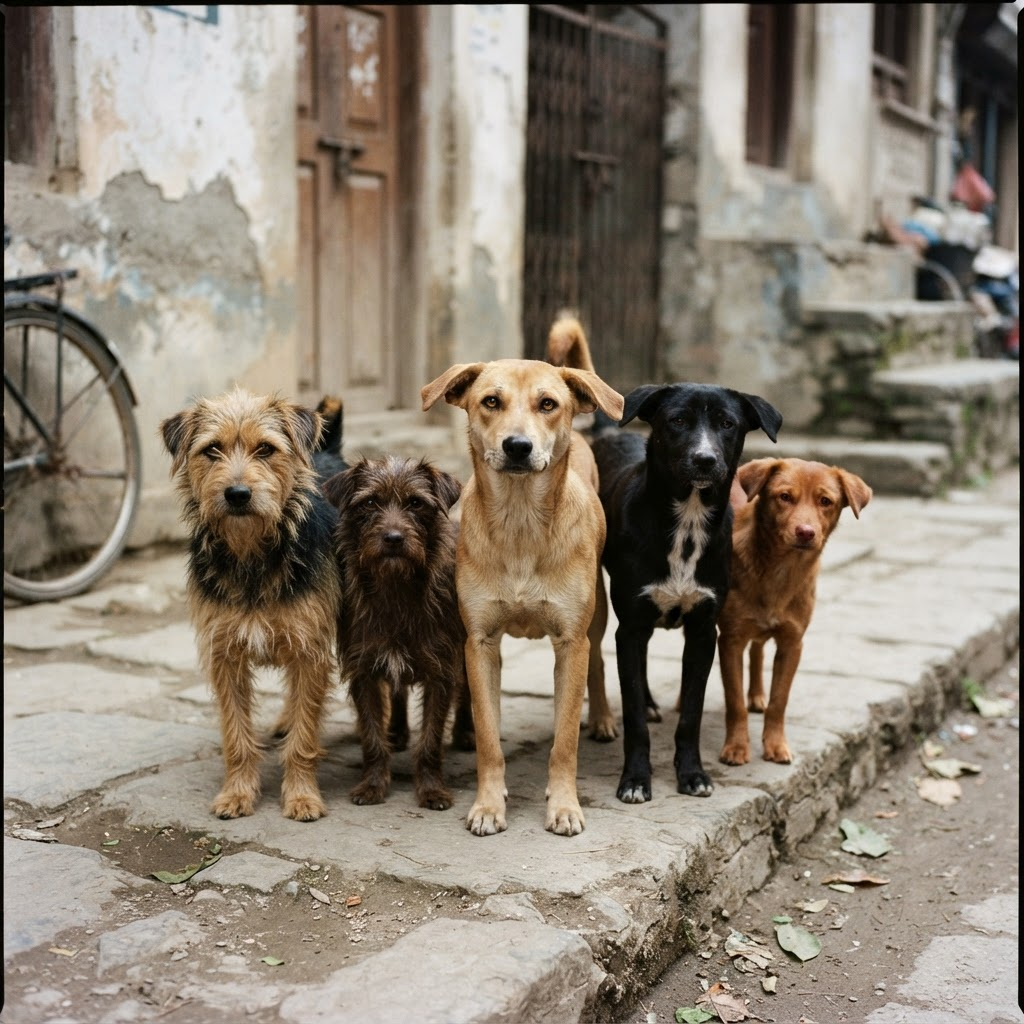 Bir grup sokak köpeği kameraya bakıyor