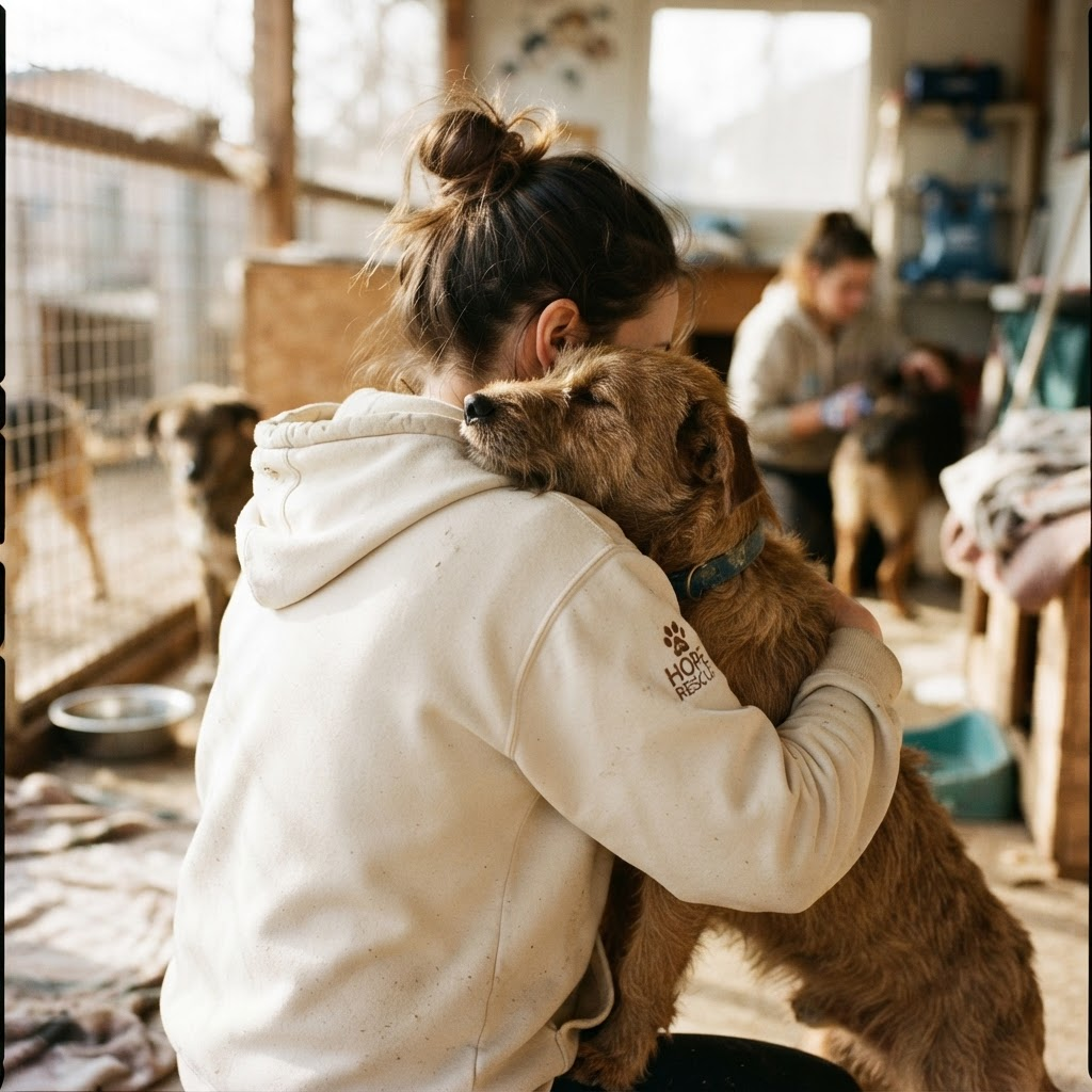 Gönüllü kurtarılmış bir köpeğe sarılıyor