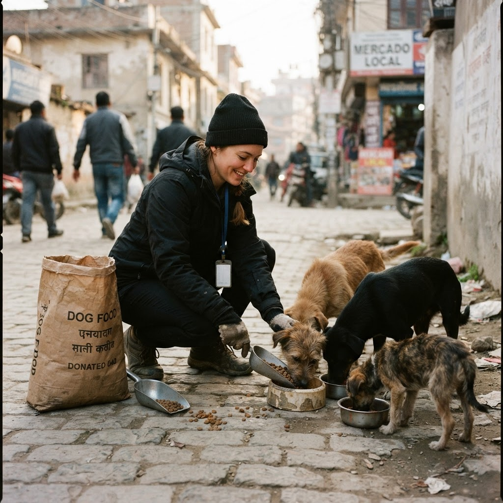 Gönüllü sokak köpeklerini mama torbalarıyla besliyor